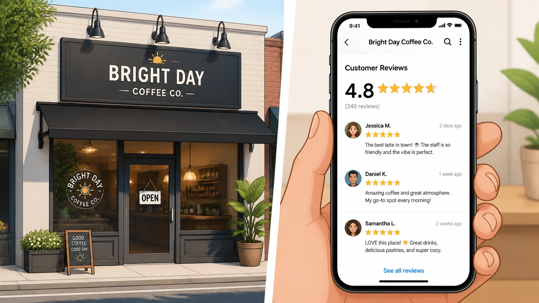 A split-screen or side-by-side concept showing real-world business storefront and digital customer reviews
