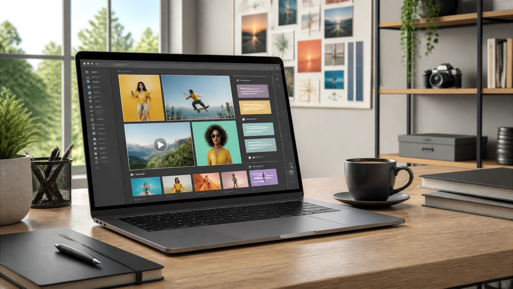 A creative studio workspace showing a modular ad design system on a laptop, representing a strategic creative inventory approach.