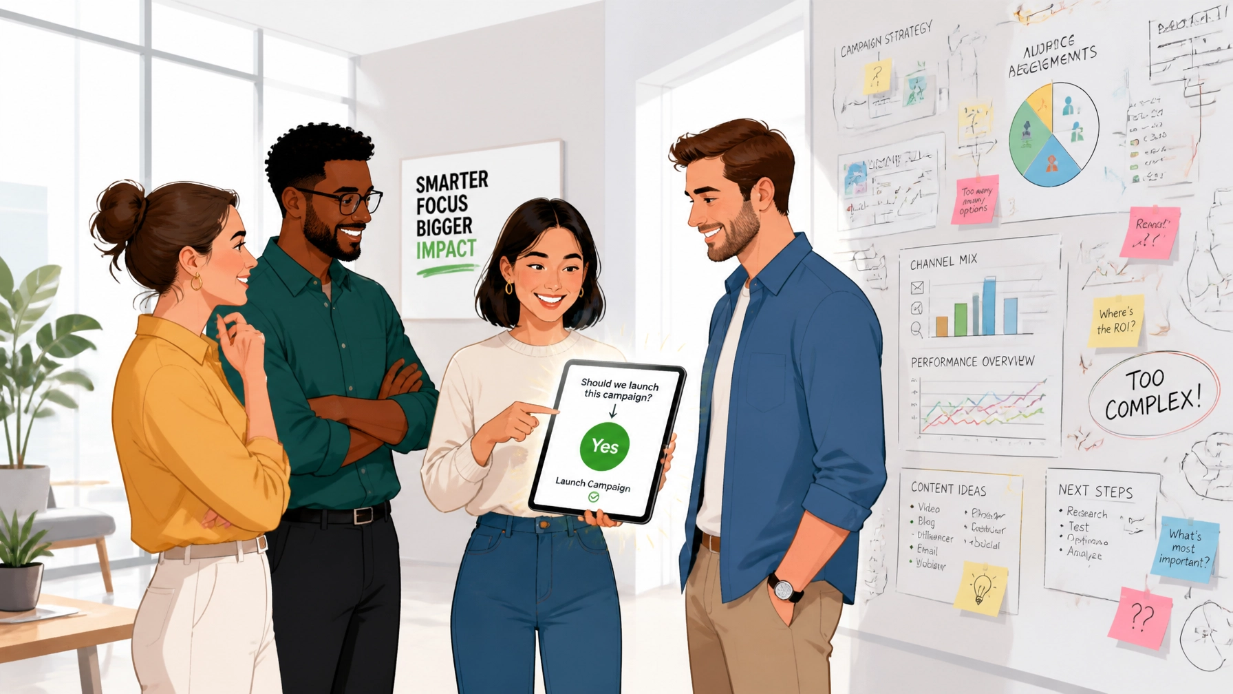 A marketing team looking away from a wall of messy charts to focus on a single, clear glowing tablet showing a simple decision path.