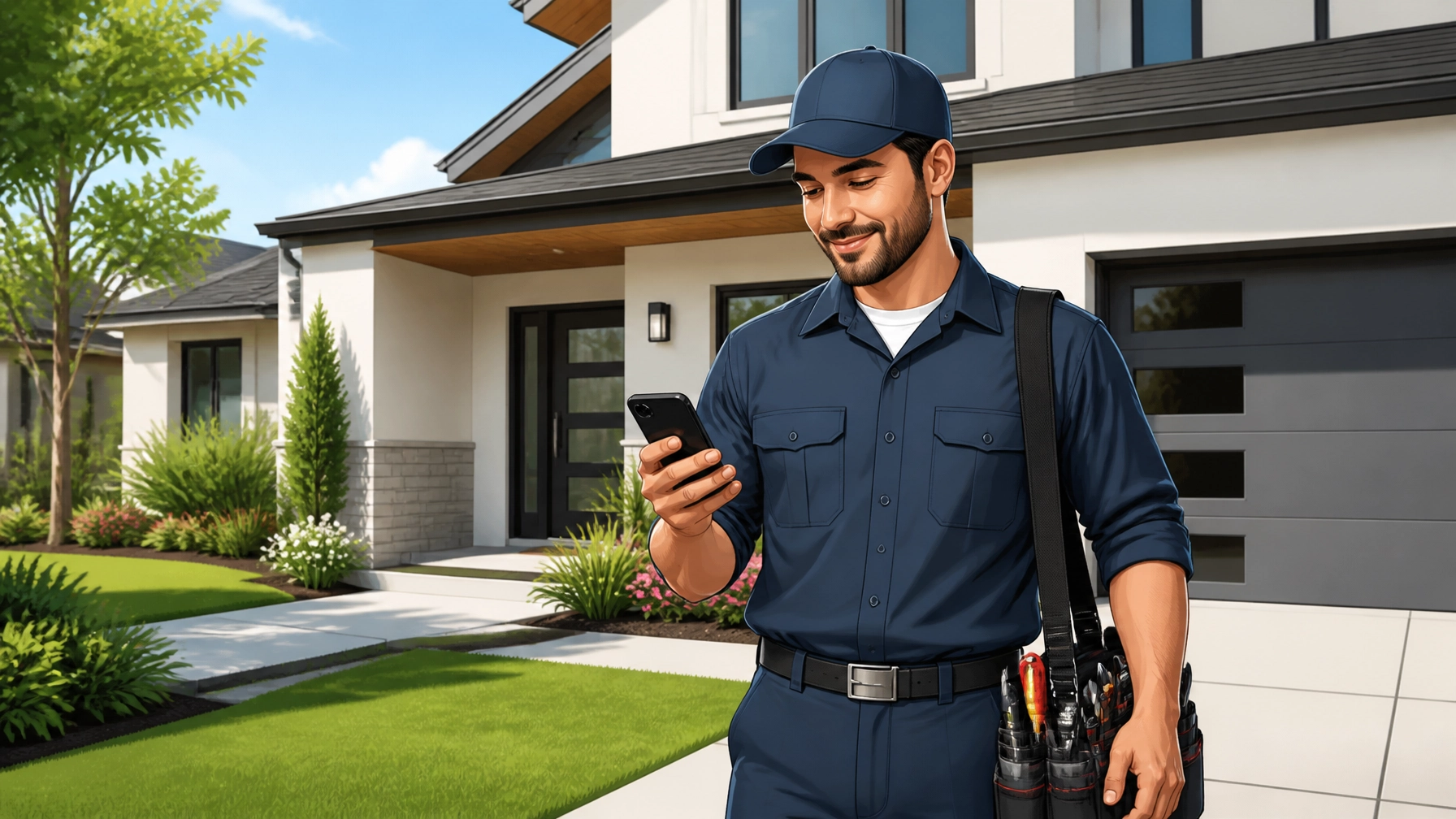 A home service technician checking his phone in a clean neighborhood