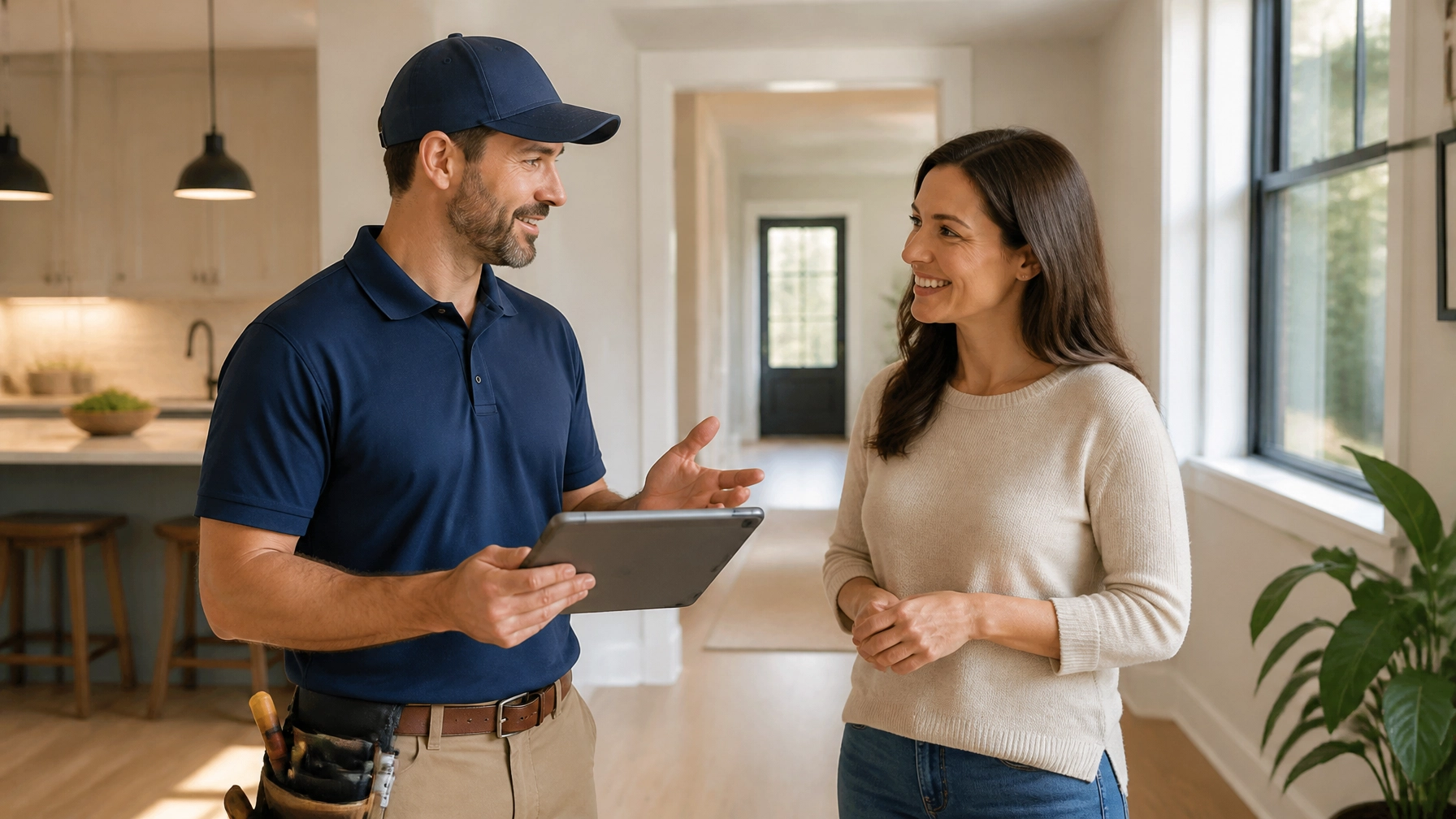 A professional contractor explaining a project plan to a smiling homeowner in a brightly lit, modern home interior.