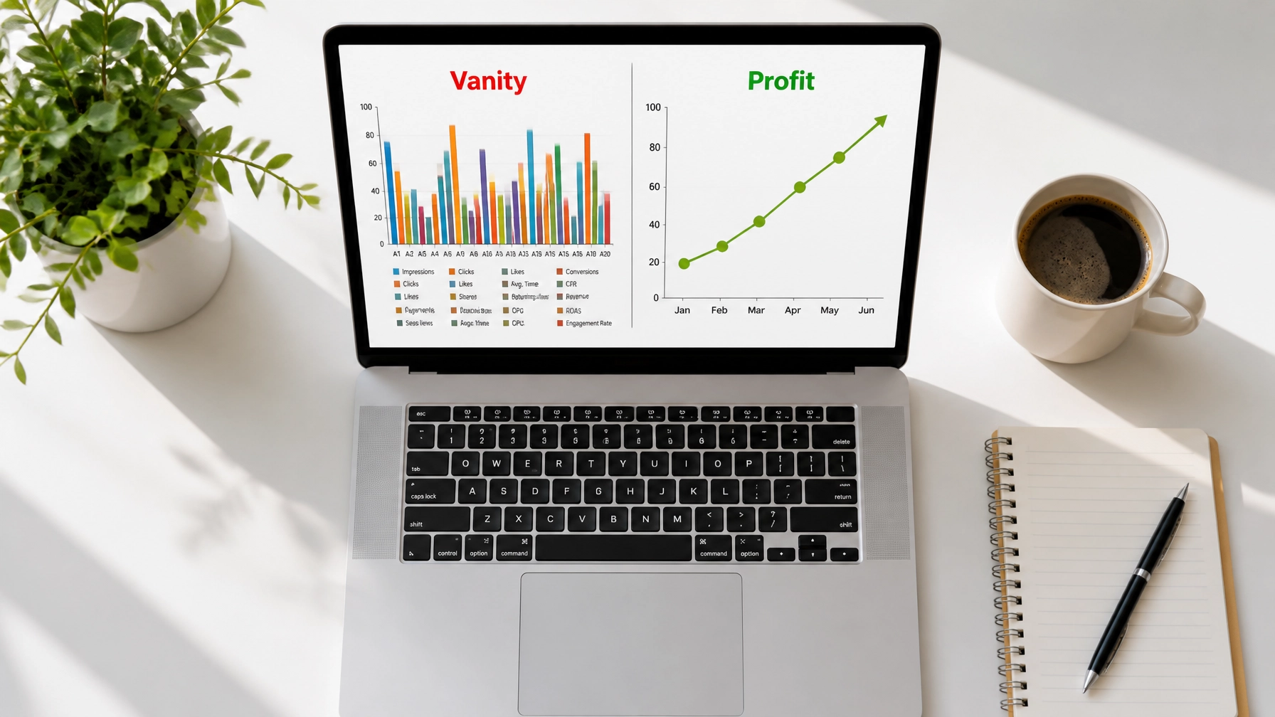 A top-down view of a clean desk with a laptop showing a cluttered 'Vanity' chart versus a clear 'Profit' line graph