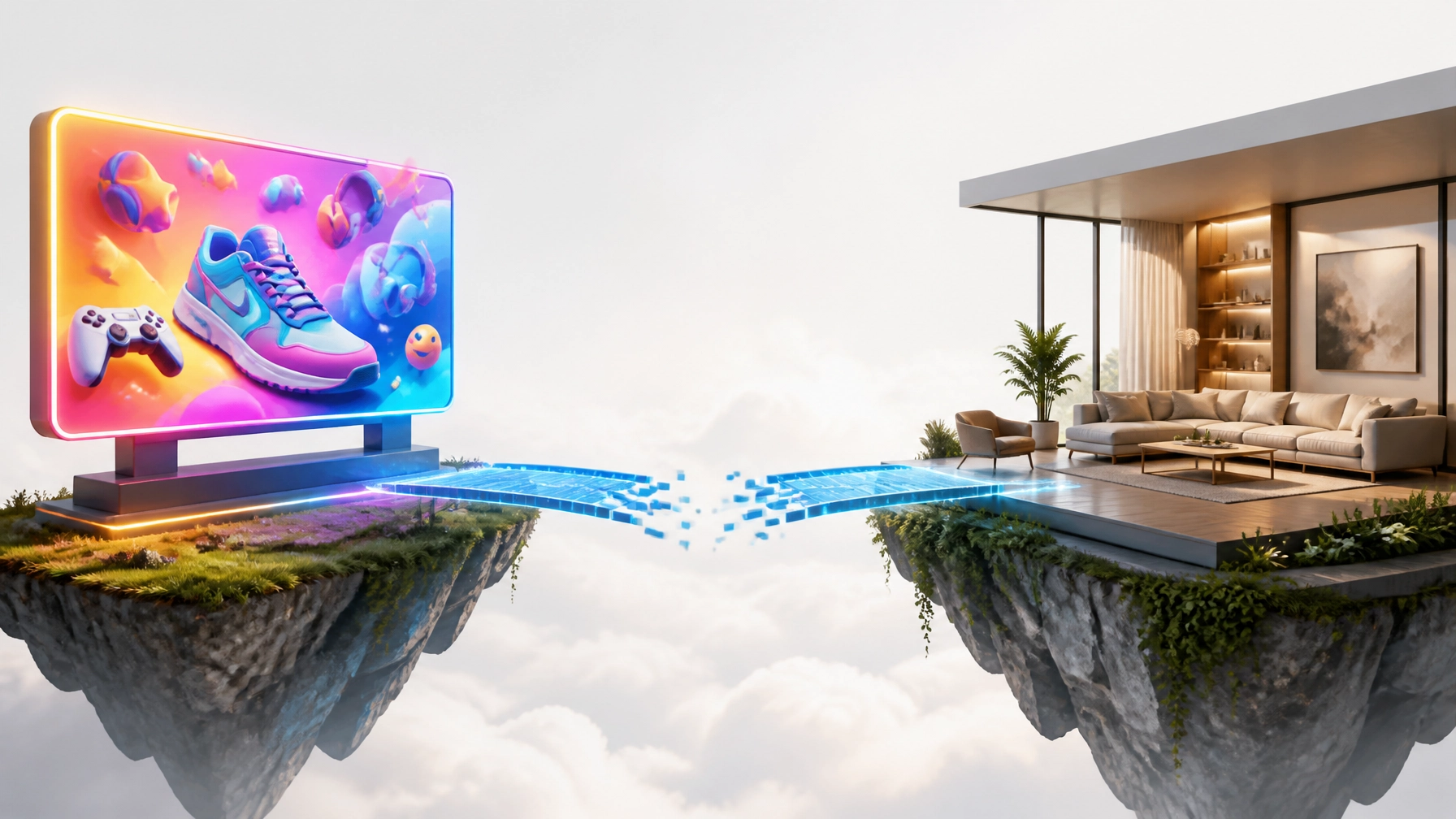 A conceptual bridge between a glowing ad and a serene landing page showing a gap