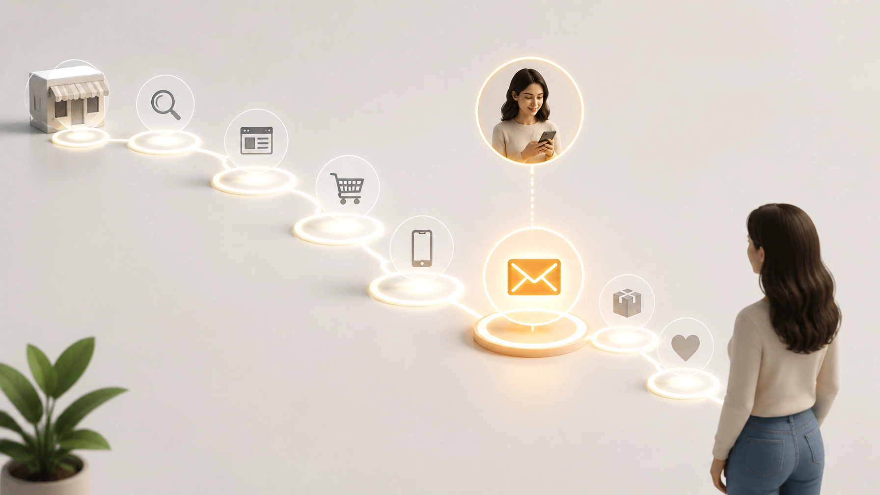 A path of soft, glowing nodes winding through a bright, neutral space, representing a customer journey.