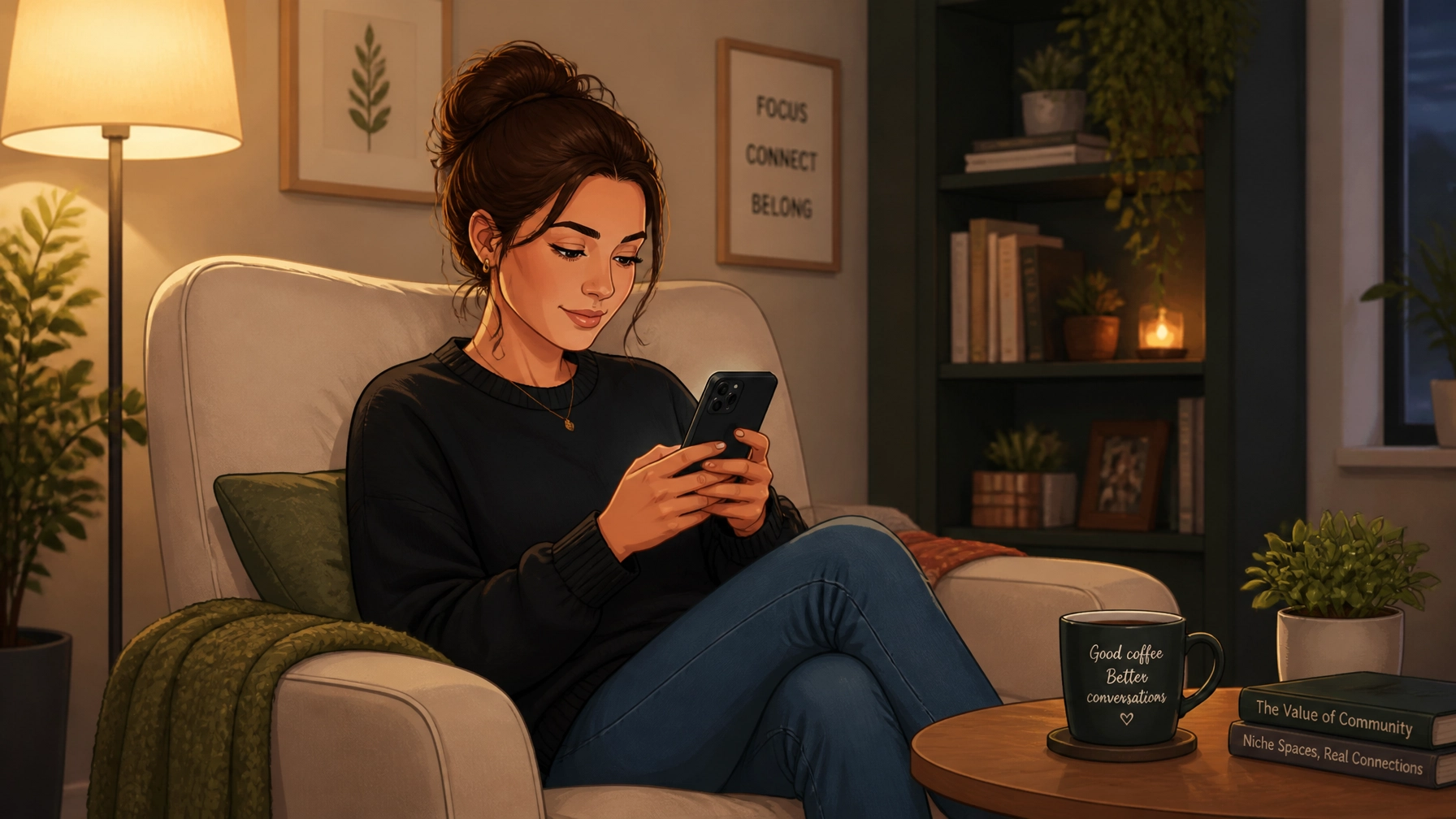 A person sitting in a cozy chair, deeply engaged with their smartphone in a private digital space