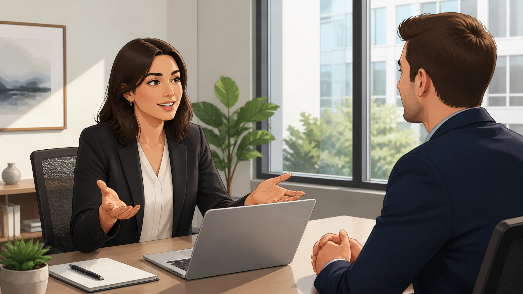 A professional consultant having an honest, transparent conversation with a client in a clean office.