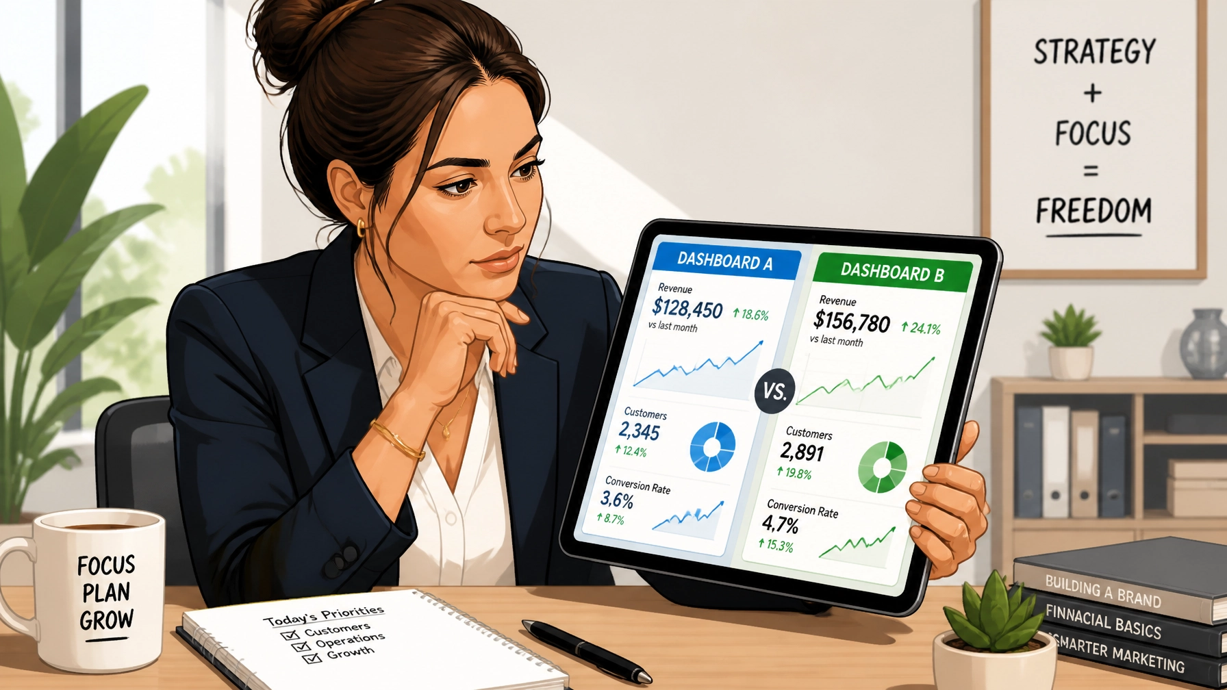 A business owner comparing analytics and audience data dashboards on a clean tablet