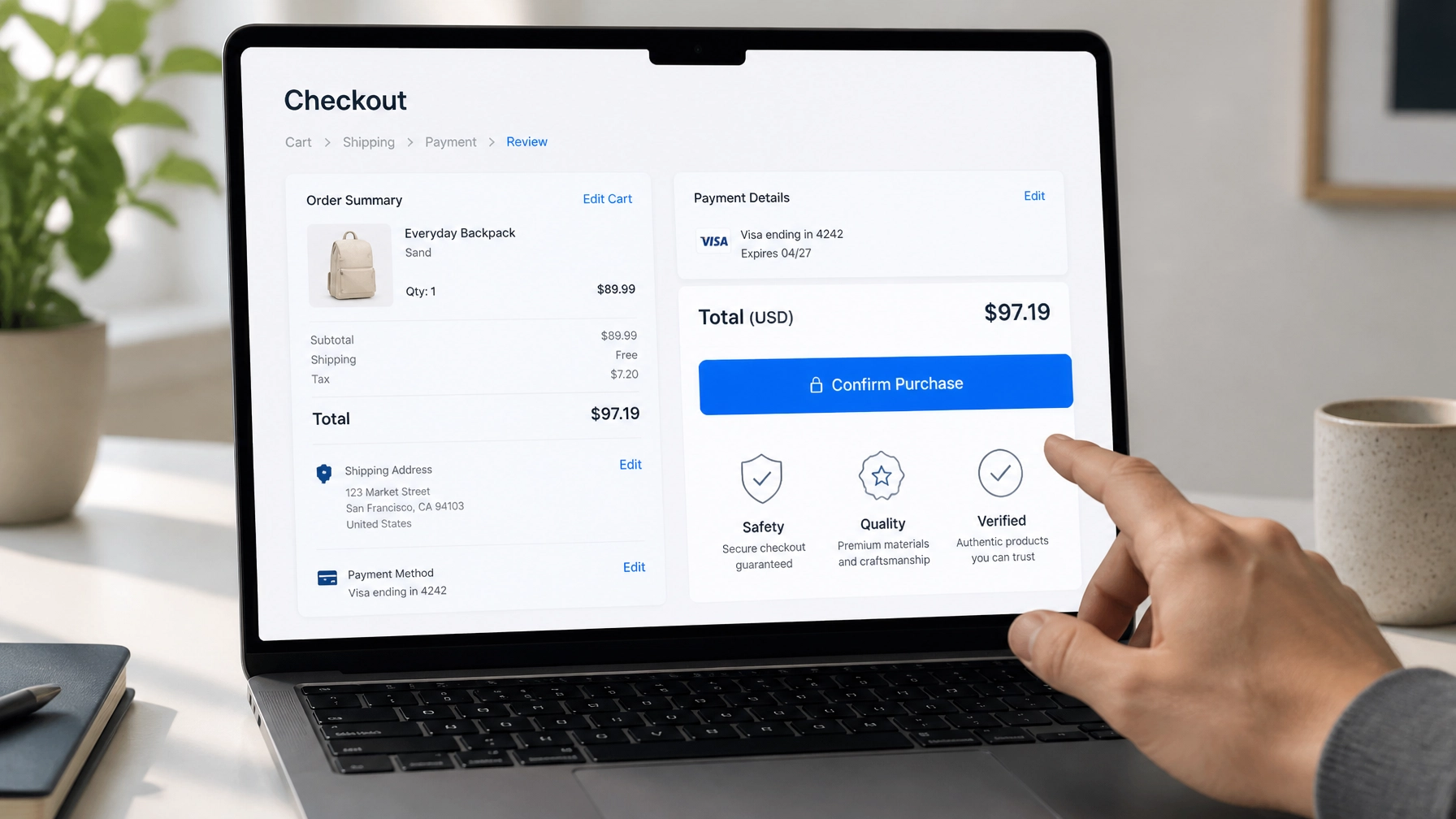 A person clicking a confirm purchase button on a clean e-commerce interface