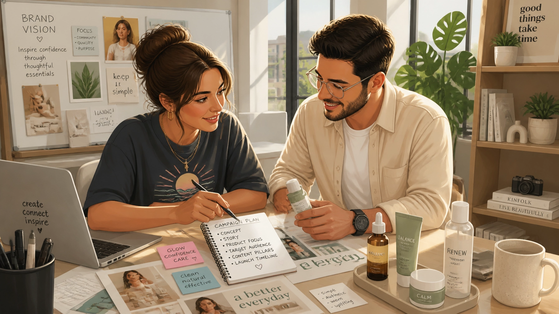 A creator and brand strategist collaborating over notes and product samples in a bright studio