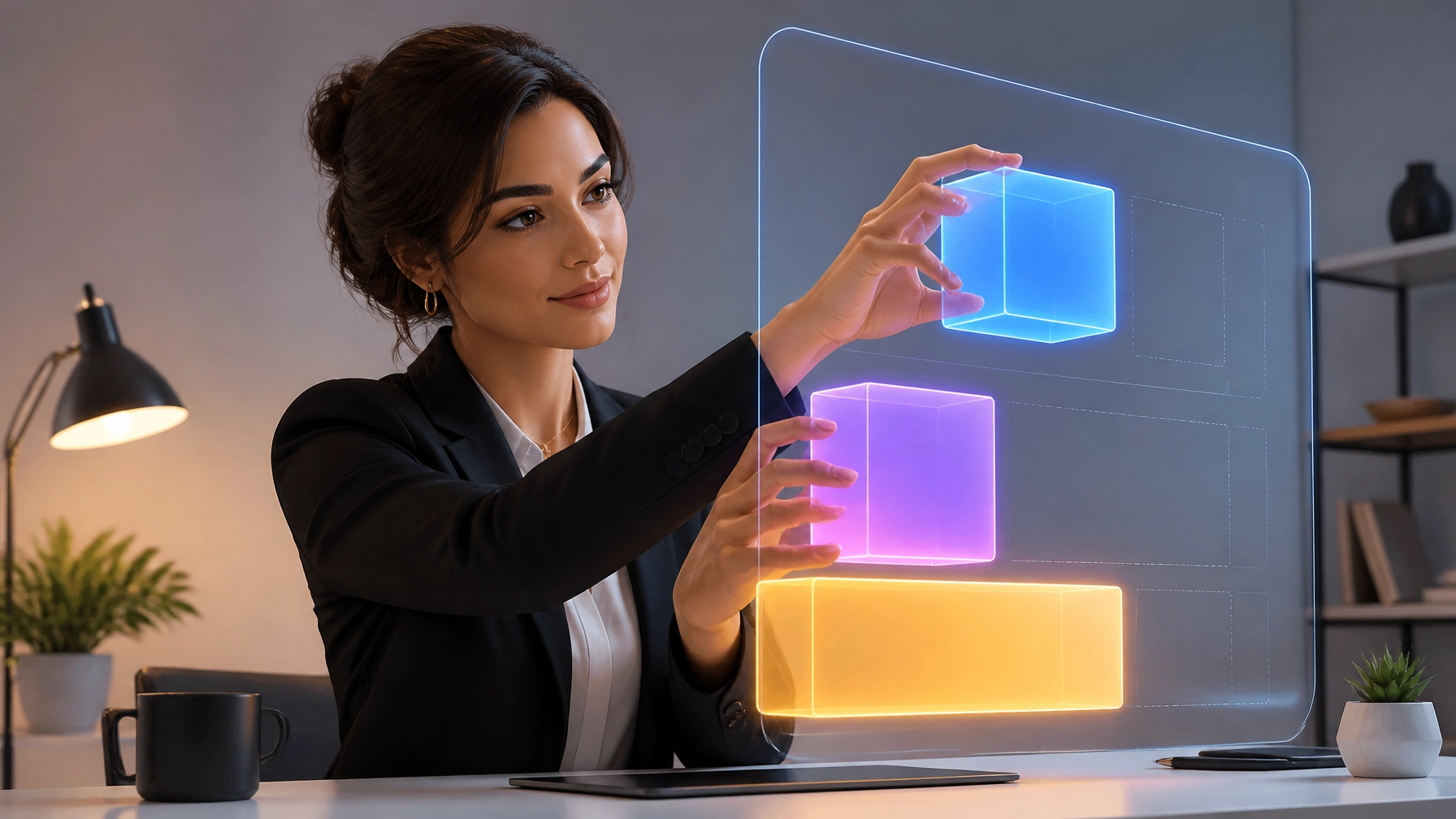 Woman interacting with holographic interface illustrating cognitive load layers and user experience optimization.