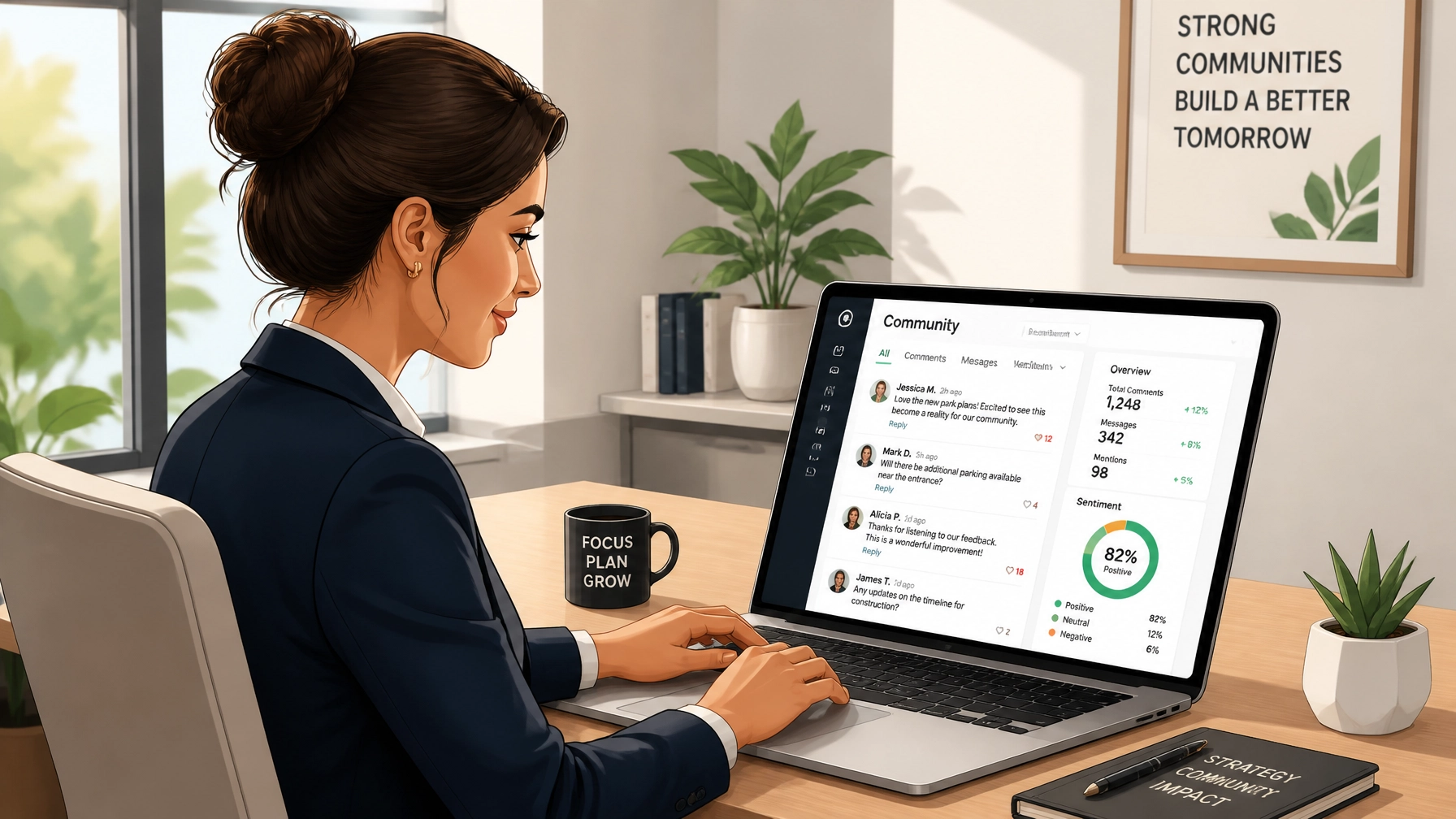 A business professional reviewing community comments and customer interactions on a sleek laptop