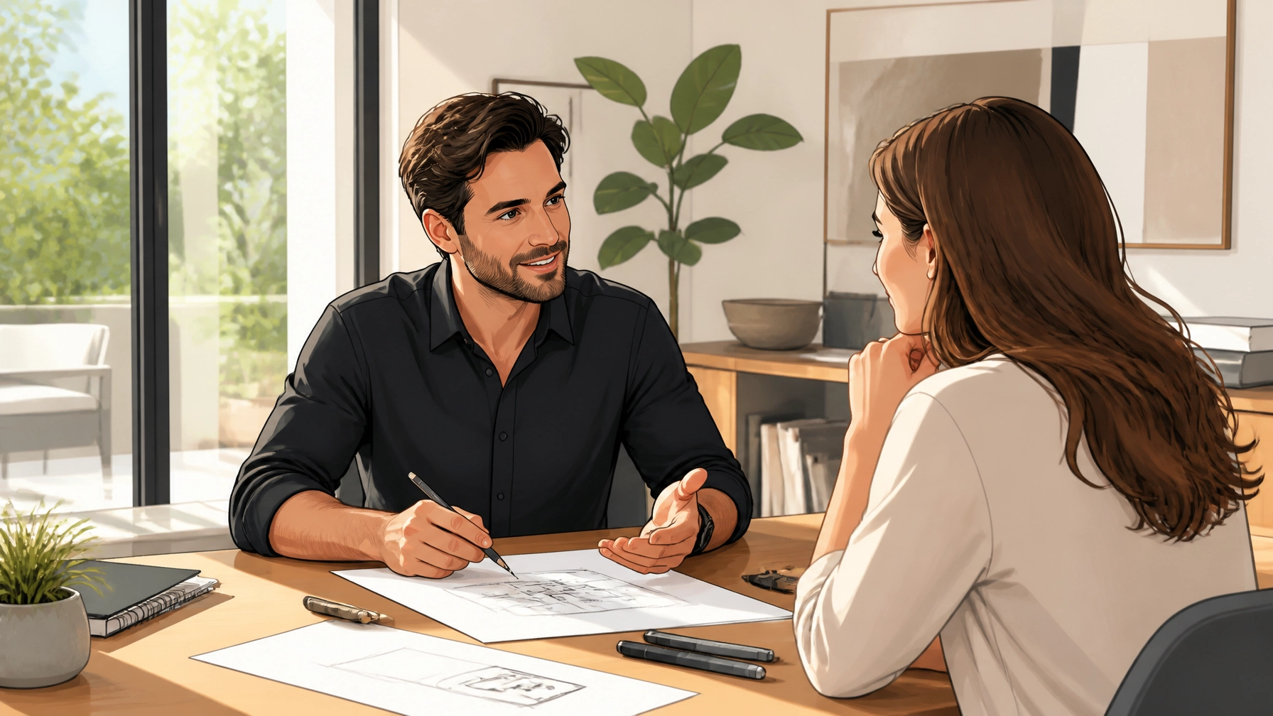 A business owner talking face-to-face with a client in a bright modern consultation room