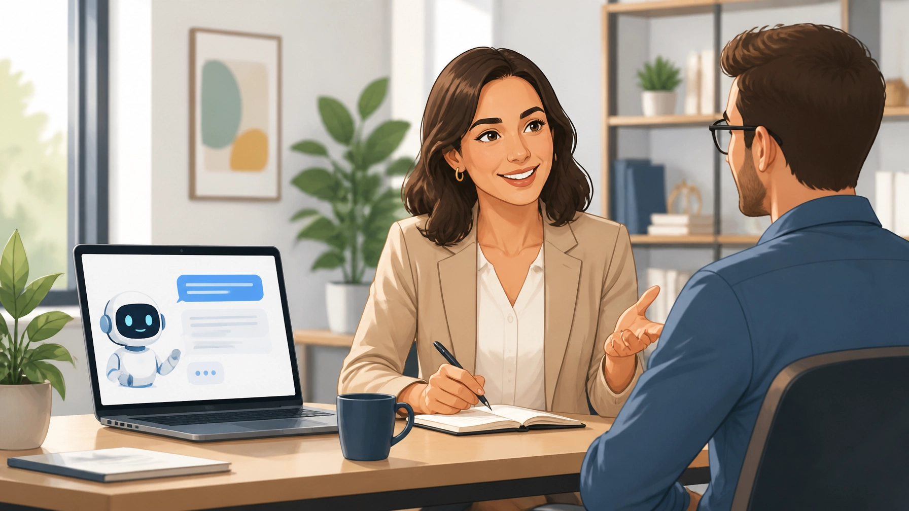 Business professional and AI chatbot collaborating, balancing automation and human connection.