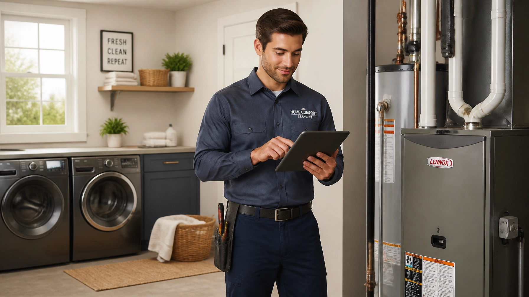 A service professional looking at a tablet in a modern utility room