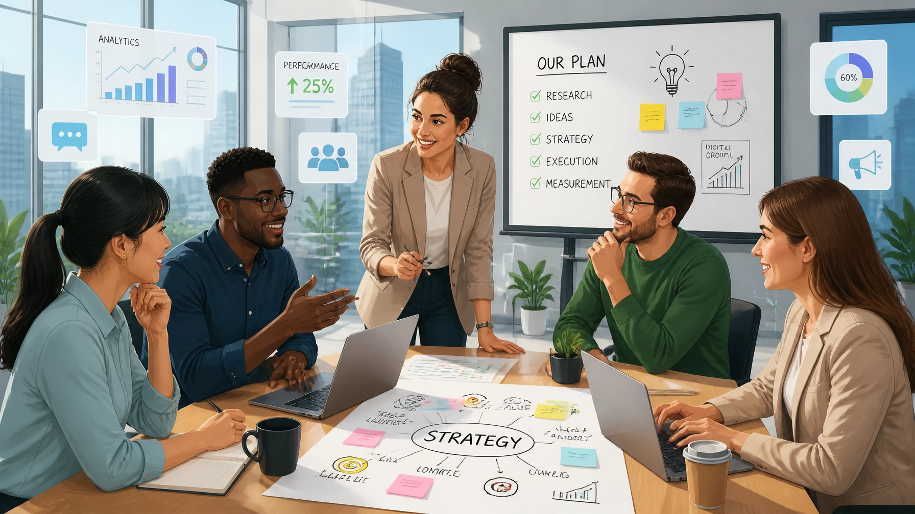 A group of professionals collaborating in a bright modern office