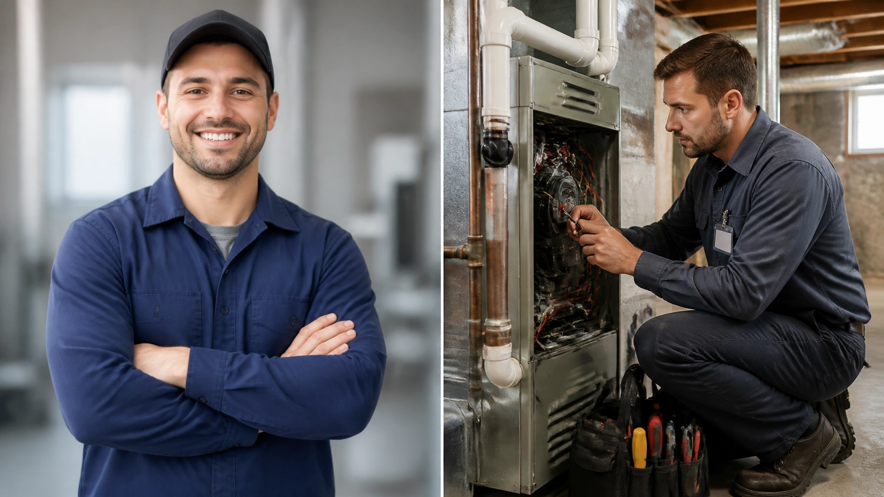 A split-screen comparison showing the difference between generic AI-style stock photos and authentic real-world business photos