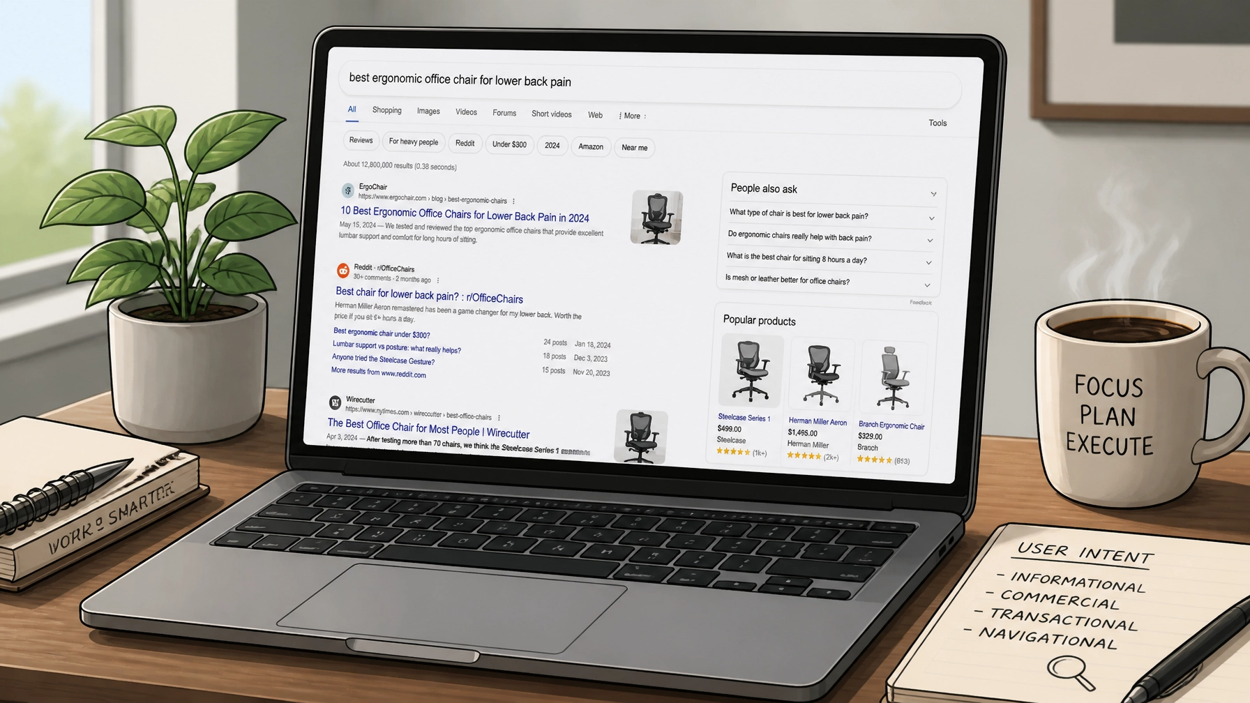 A minimalist workspace showing a laptop with realistic search results and intent signals