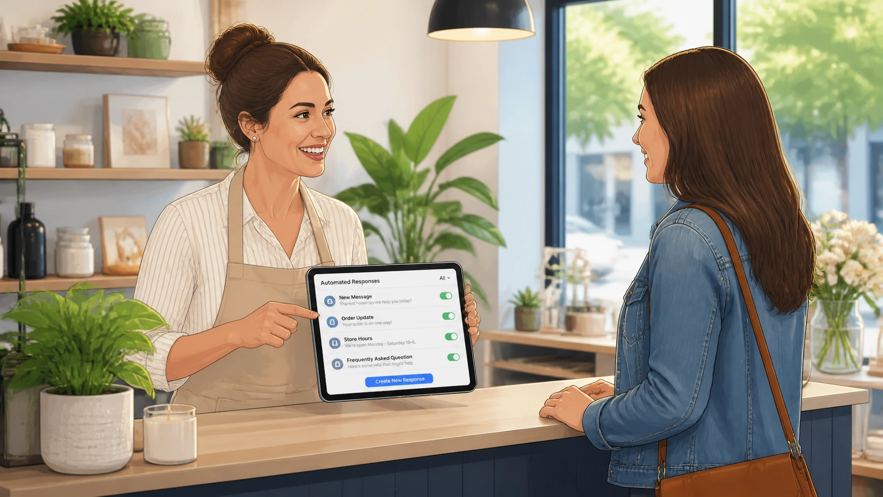 A local business owner using a tablet while engaging with a client in a storefront