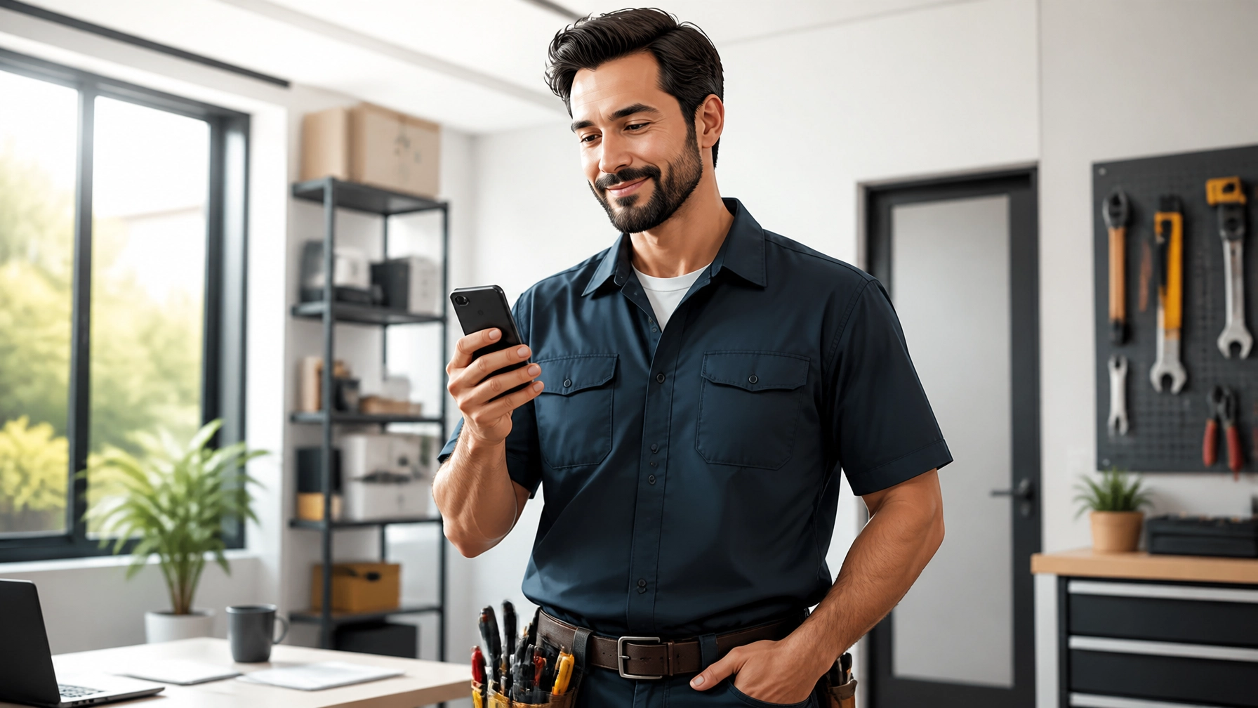 A service professional standing in a bright workspace, looking at a smartphone with a satisfied expression.