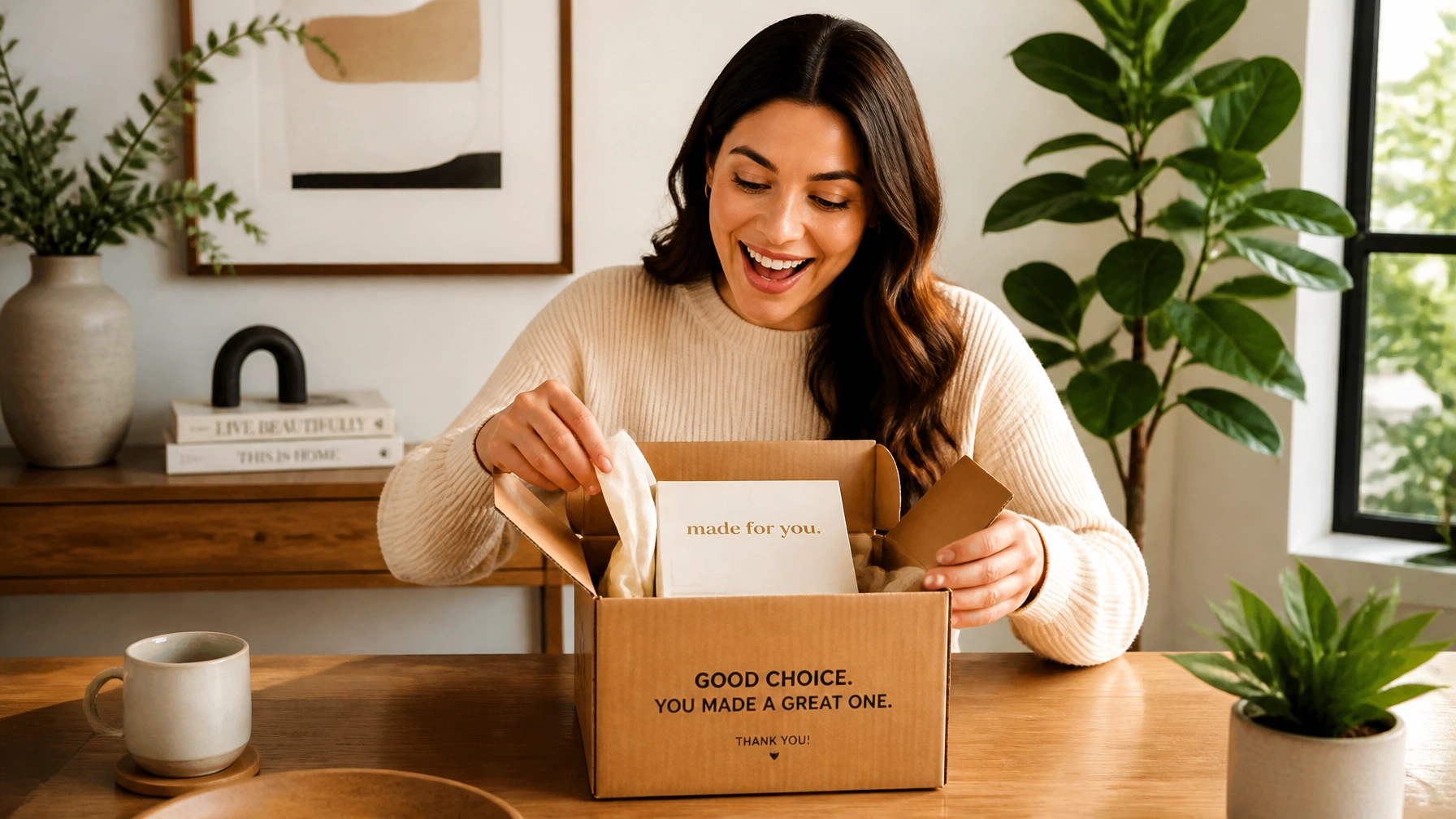 Satisfied customer opening a neatly packed e-commerce delivery box