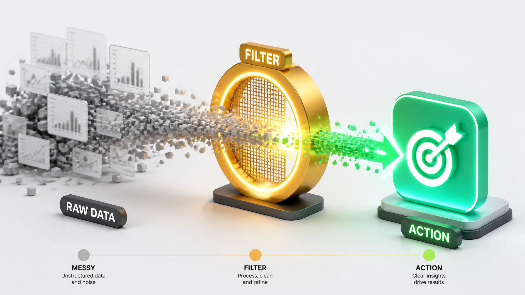 A stylized conceptual illustration of a digital pipeline where messy data points are filtered into a glowing action icon.