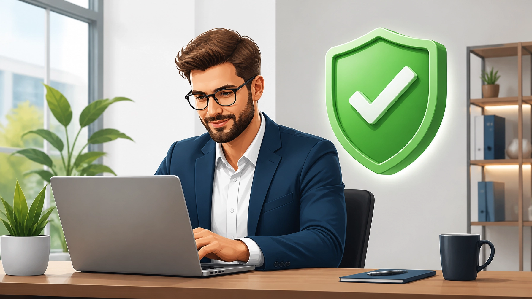 Man with glasses and business attire using laptop and verified shield symbol representing authenticity and trust.