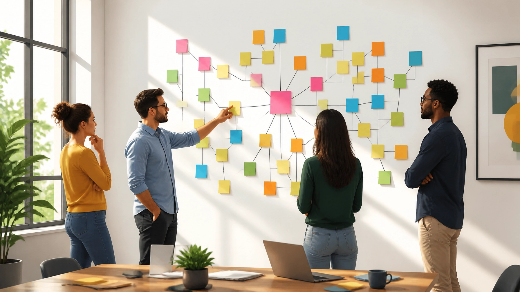 Team mapping out a topic cluster on a wall in a modern office