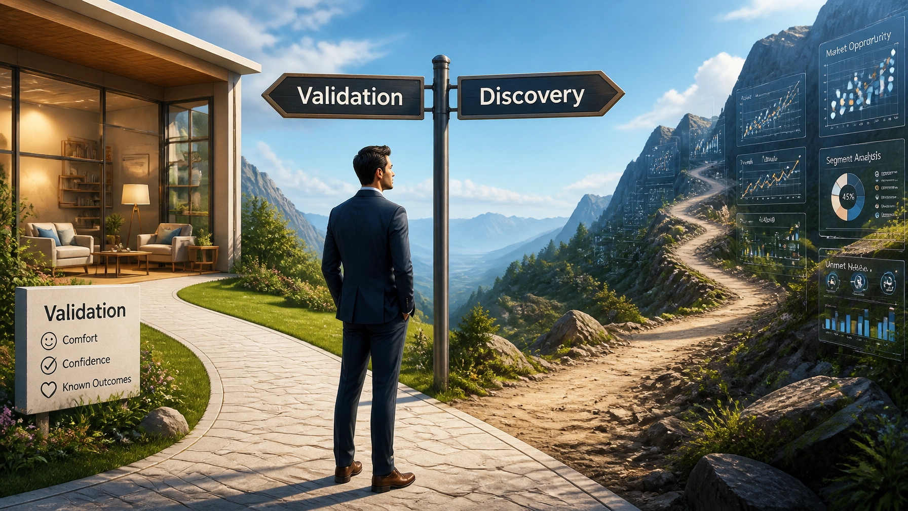 A professional at a crossroads between a lounge labeled Validation and a path labeled Discovery