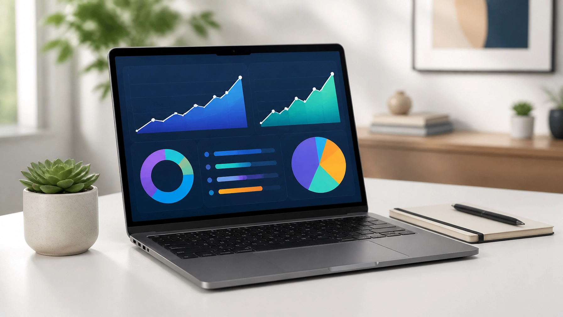A laptop screen showing a simplified analytics dashboard for content optimization