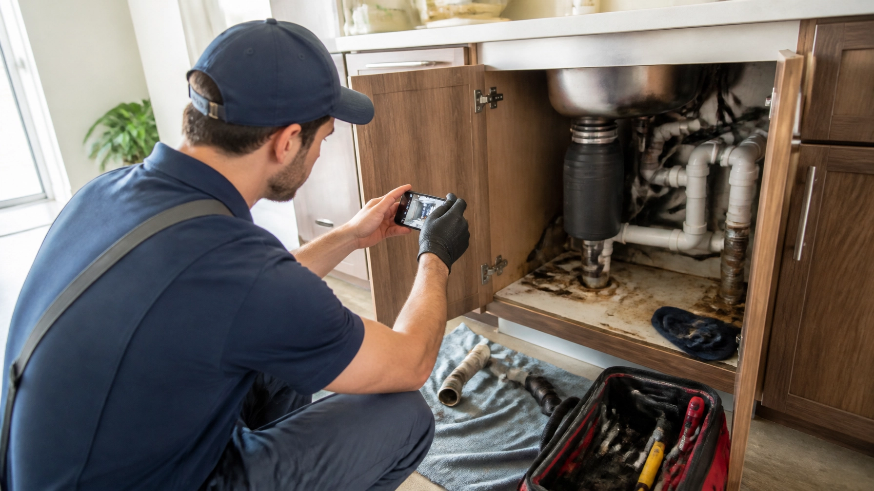 A contractor photographing a messy, real-world repair job to show authentic process.
