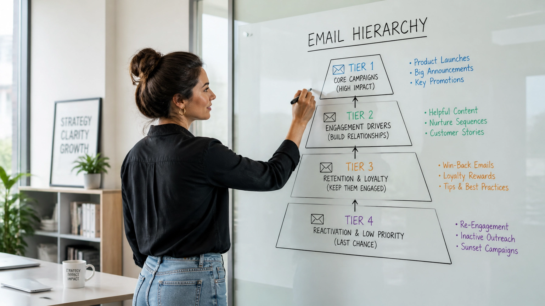 Woman writing email hierarchy tiers on whiteboard illustrating inbox categorization and engagement drivers.