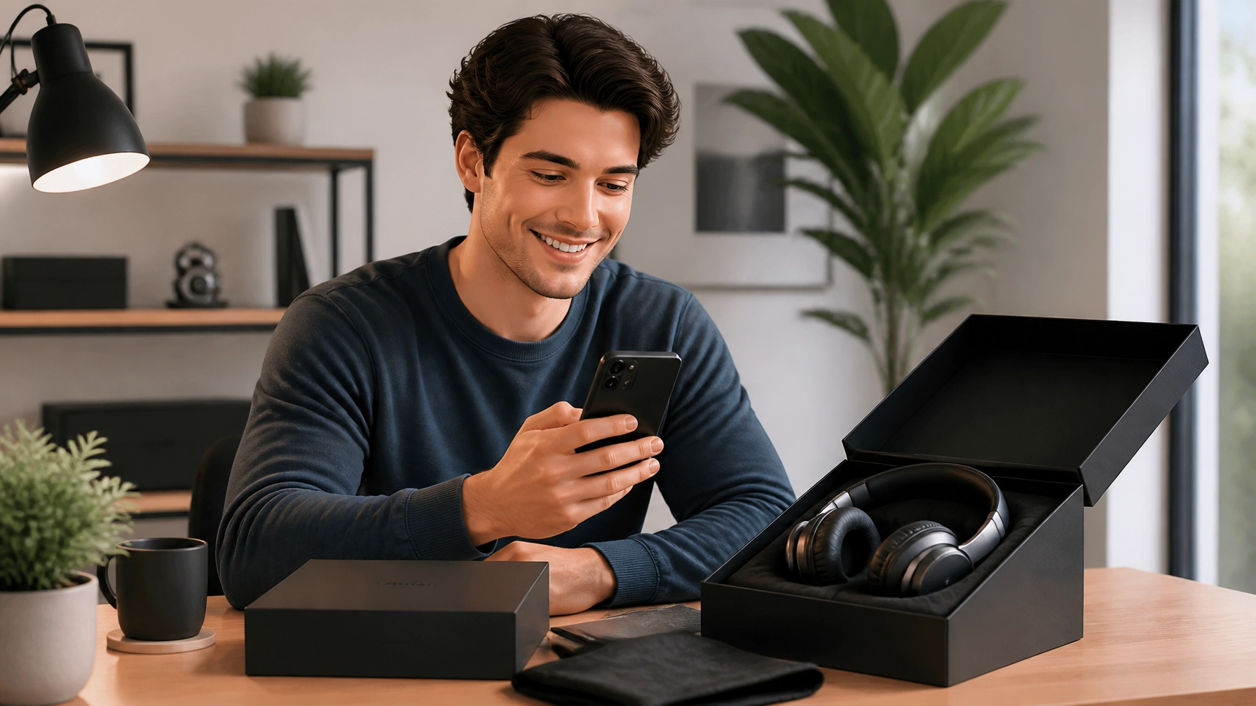 A customer smiling while holding their phone and looking at their new product