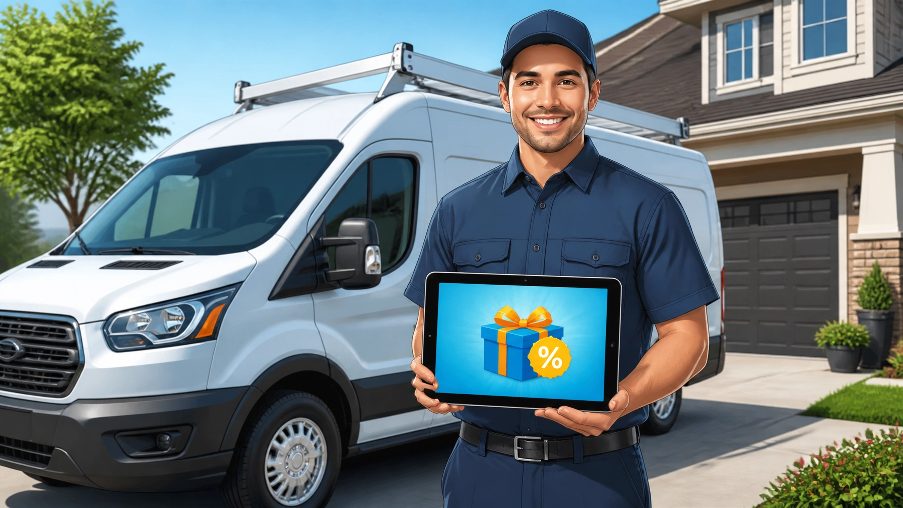 A service professional holding a tablet with a clear digital offer graphic