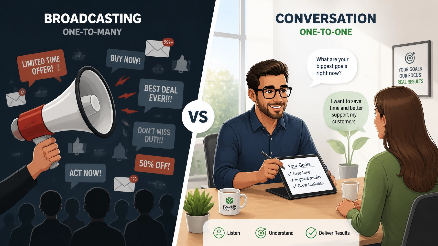 A split-screen illustration showing the difference between a loud megaphone and a focused, one-on-one customer conversation