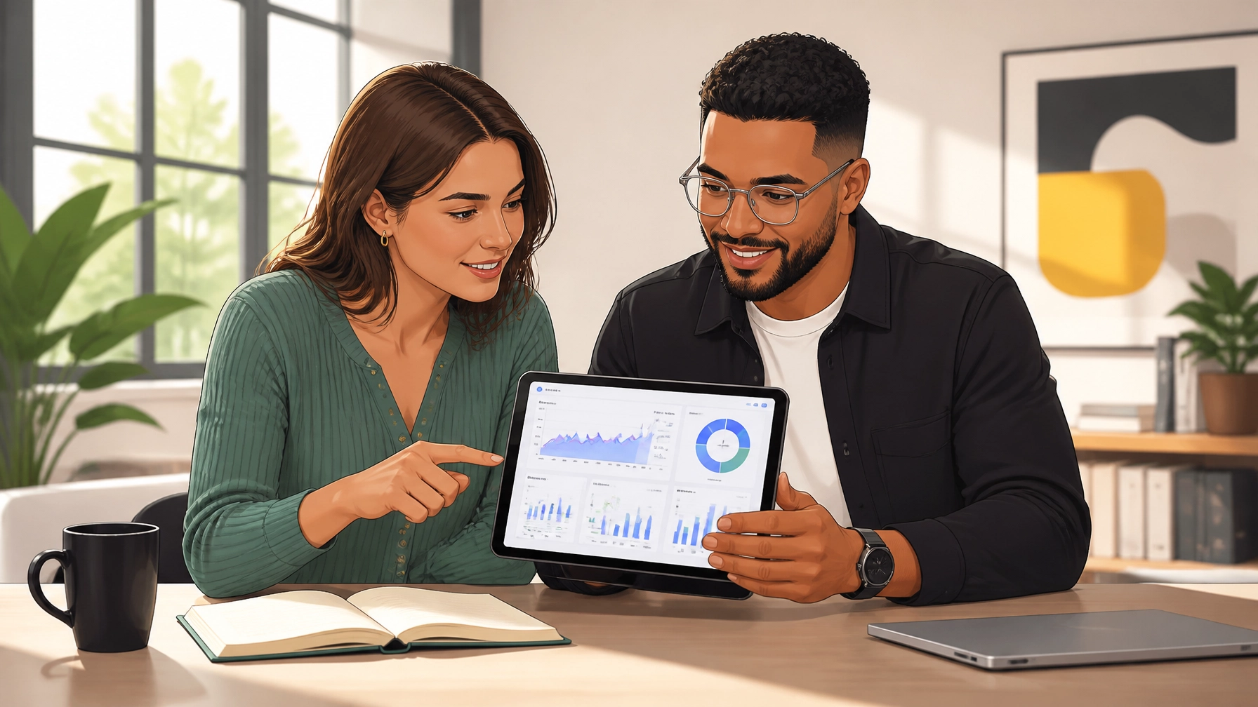 A creator and a brand manager reviewing audience engagement data together on a tablet in a bright, modern workspace.