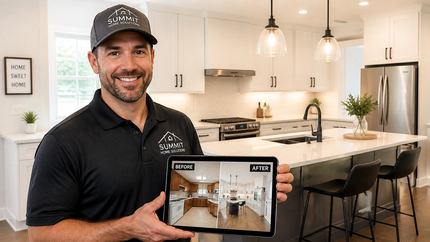 A contractor showing a remodeling project on a tablet to demonstrate authentic documentation