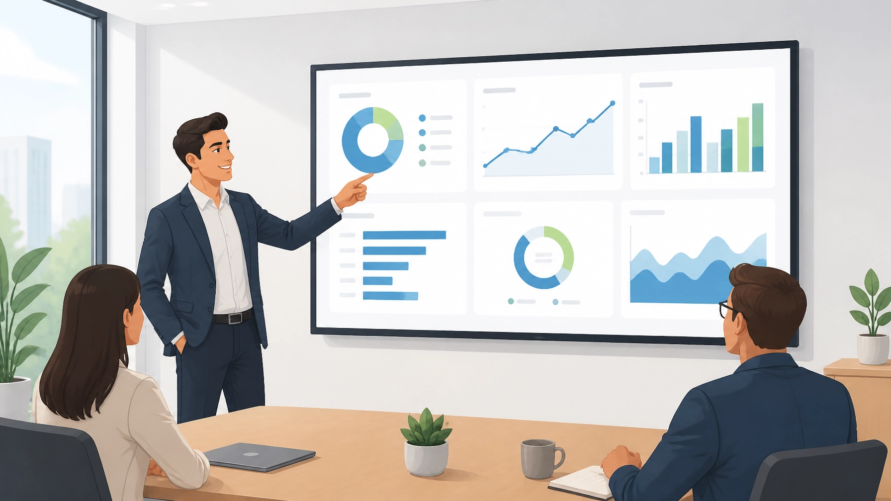 Man presenting data dashboard illustrating website conversion optimization strategies.