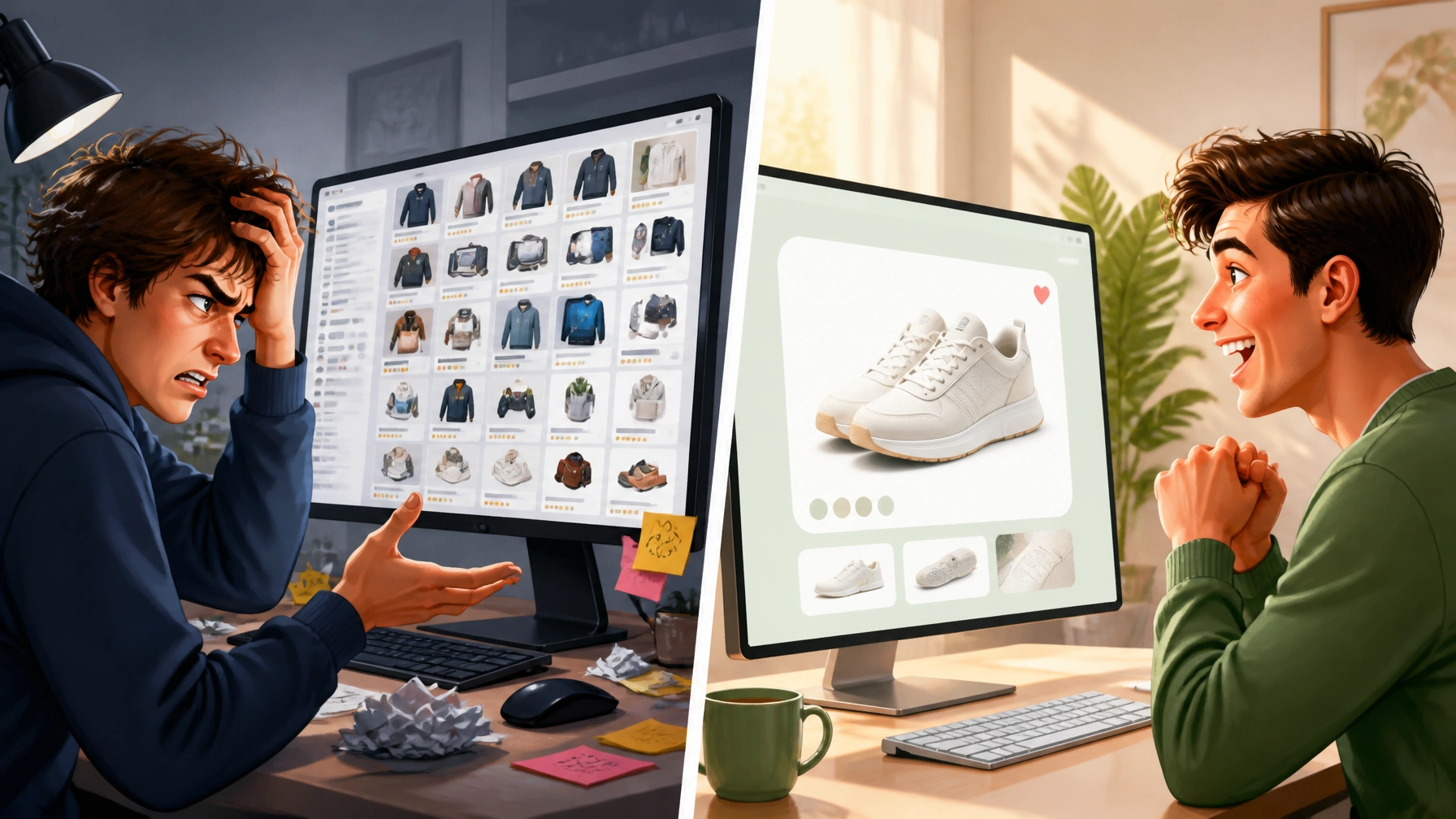 A split screen illustration comparing a frustrated customer with a happy customer seeing personalized recommendations