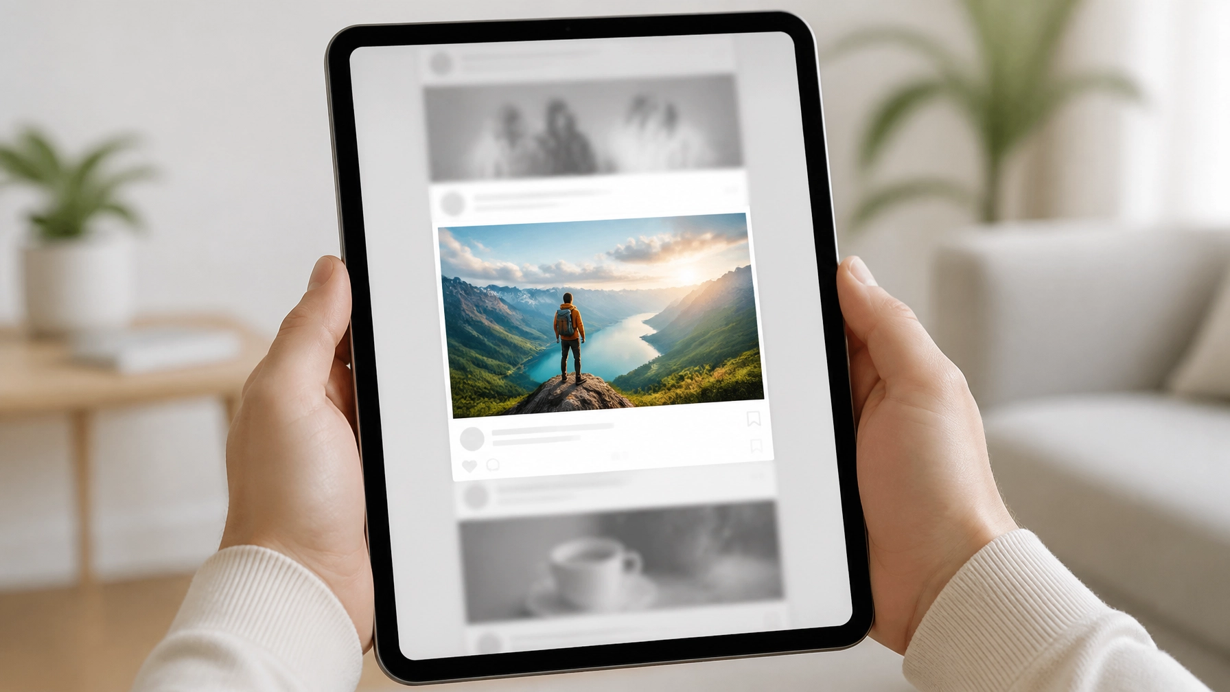 A social media feed on a tablet where most posts are blurred out, but one single post in the center is sharp and clear.