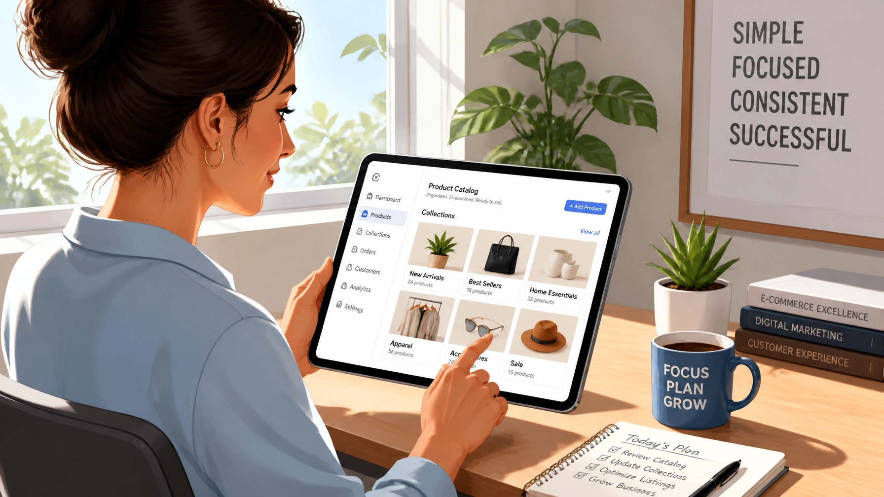 Ecommerce business owner reviewing clean catalog organization