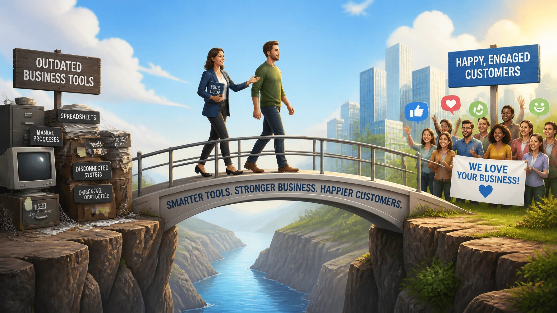 A conceptual illustration of a professional helping a business owner bridge the gap to an engaged customer base