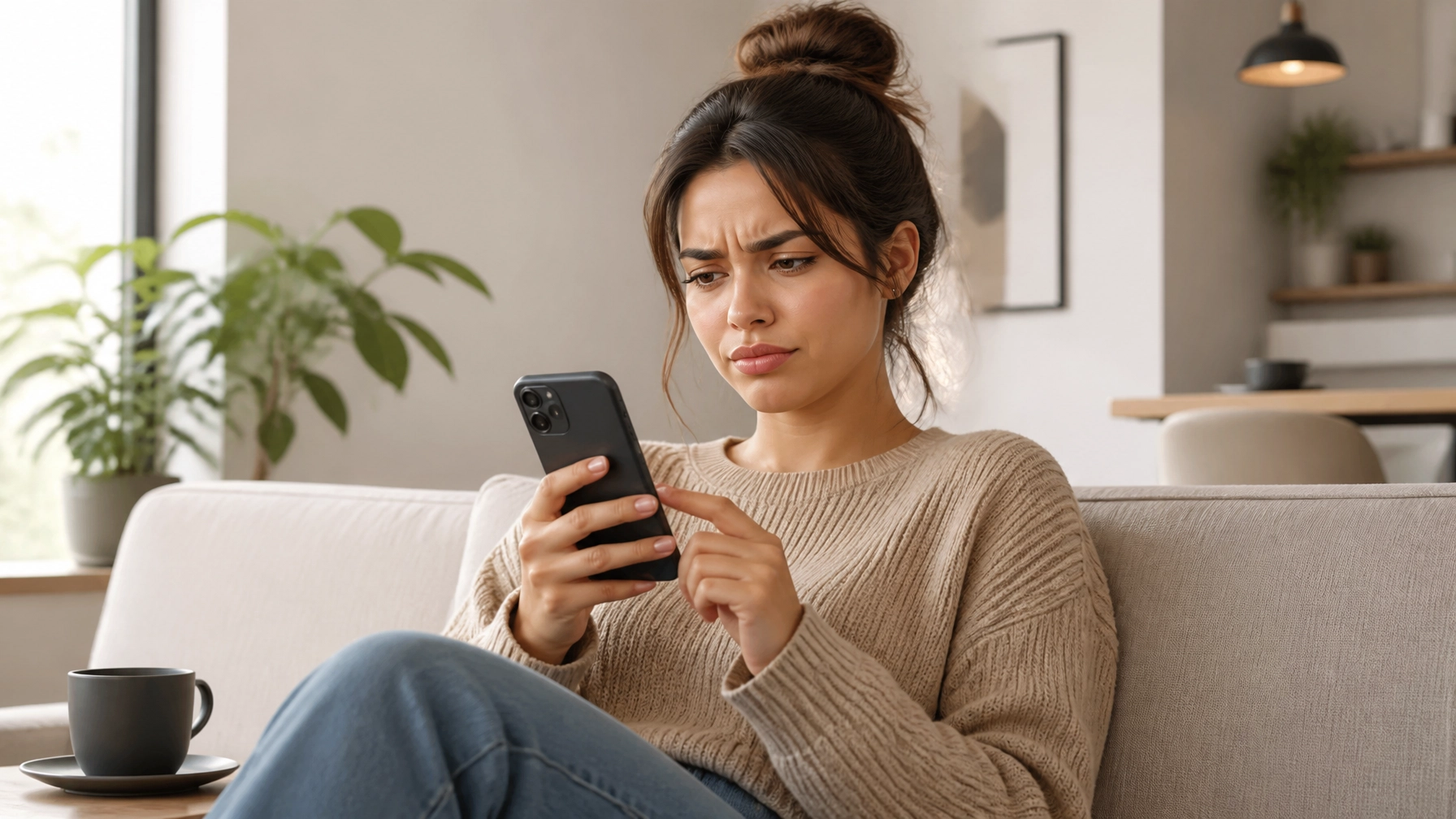 A person scrolling on a smartphone with a skeptical expression, representing a guarded reaction to brand content.