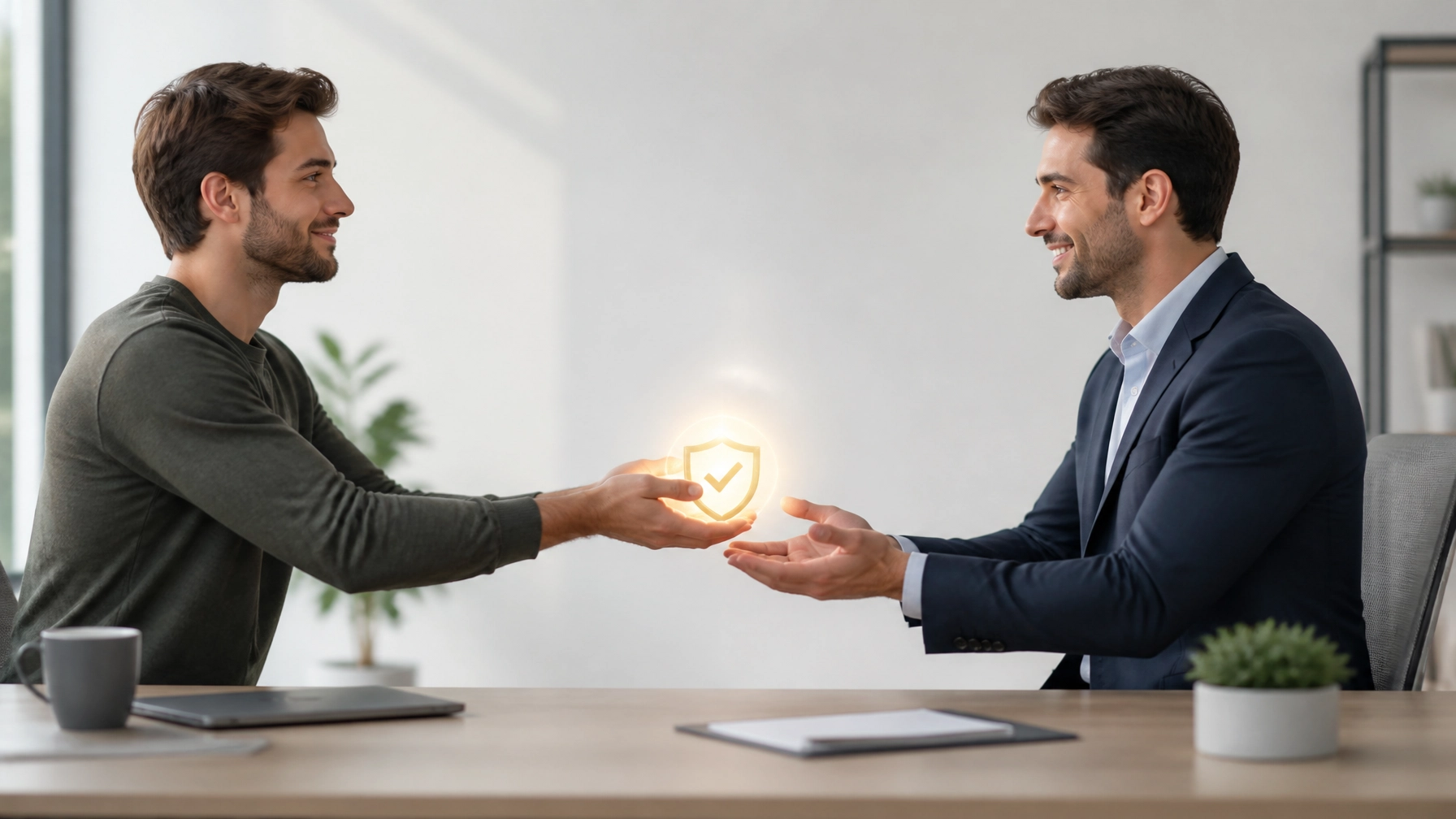 A conceptual visualization of trust being handed from a creator to a business owner in a clean modern office, styled in cartoon-like modern clean realism with bright natural lighting.