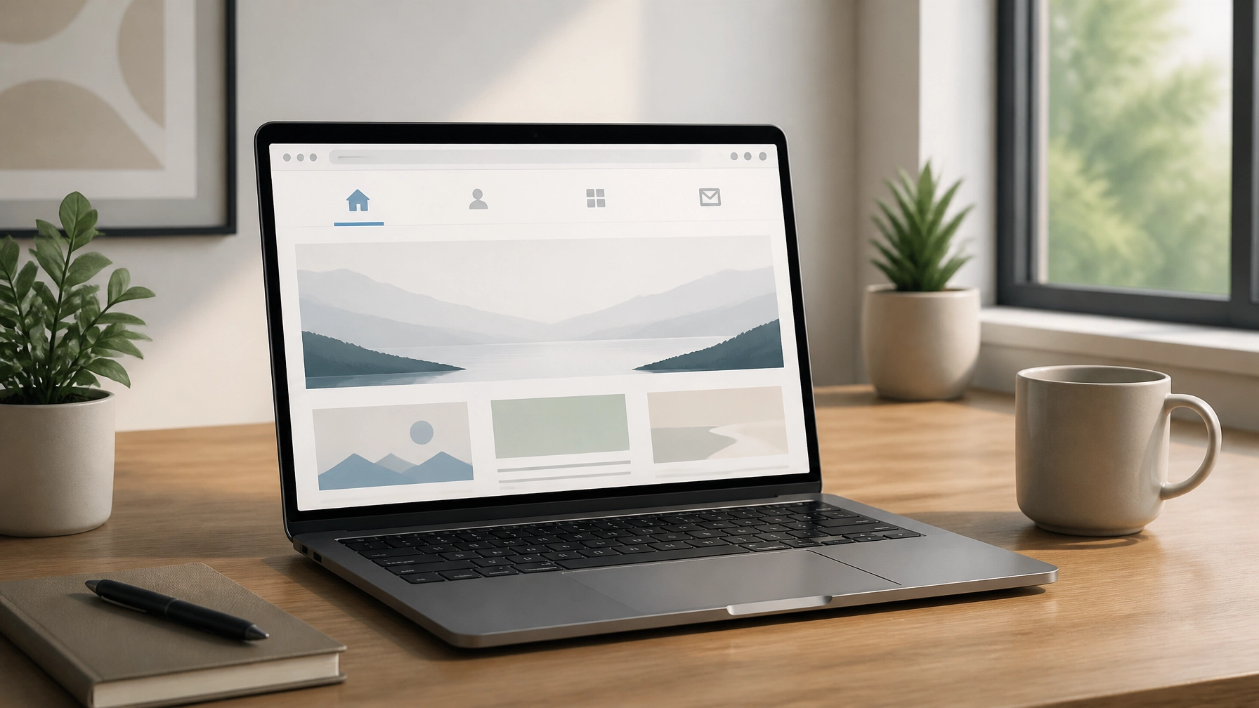 A clean, minimalist workstation showing a laptop with an intuitive, simple navigation menu.