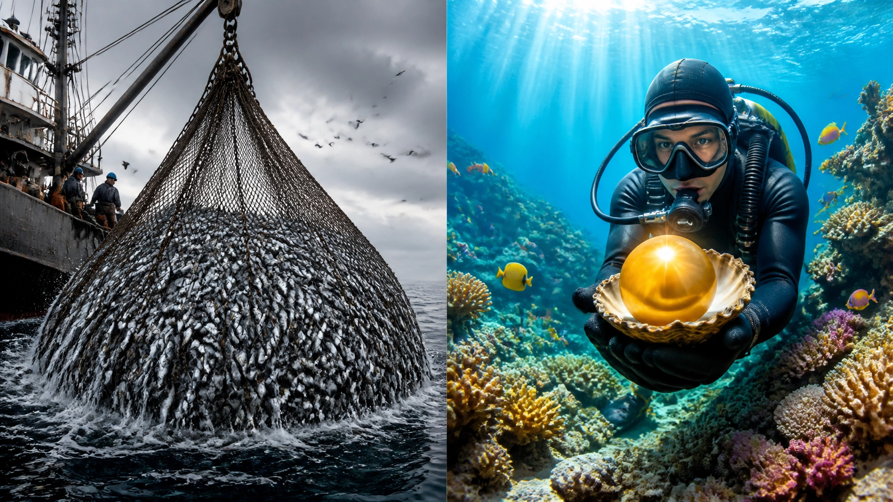 A split screen showing thousands of tiny fish vs a single large pearl