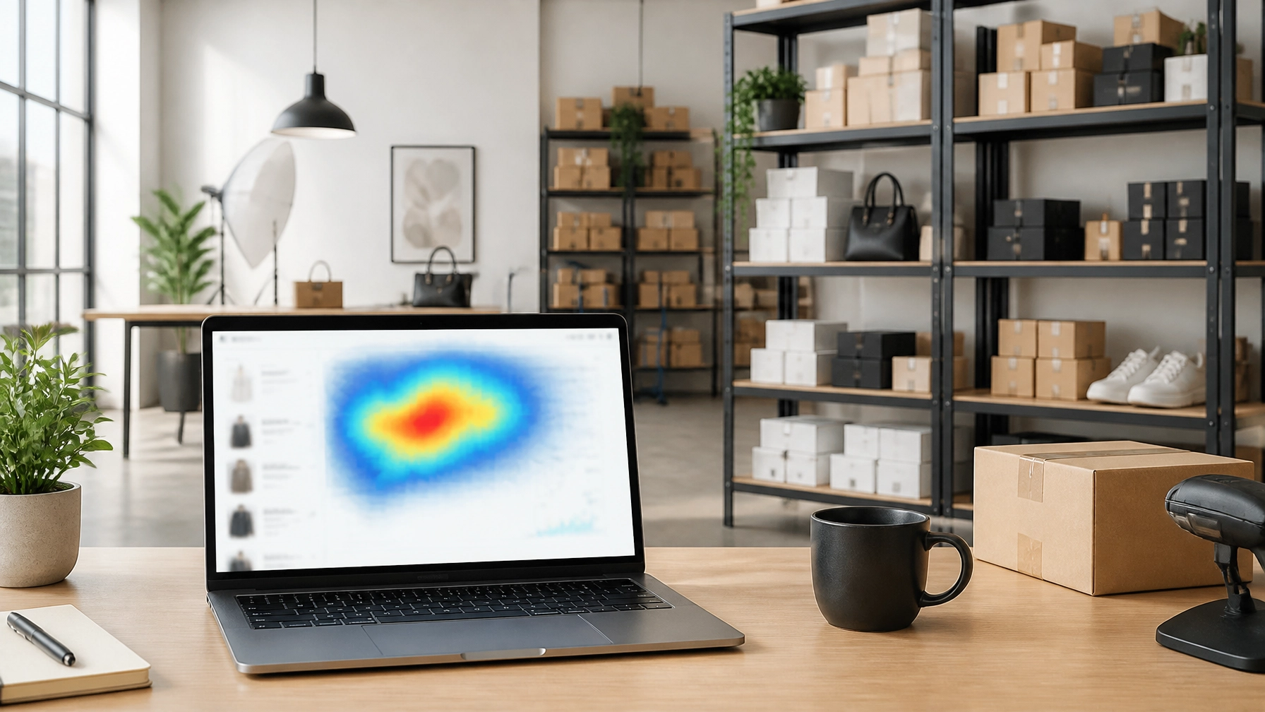 A modern warehouse showing product analytics on a laptop