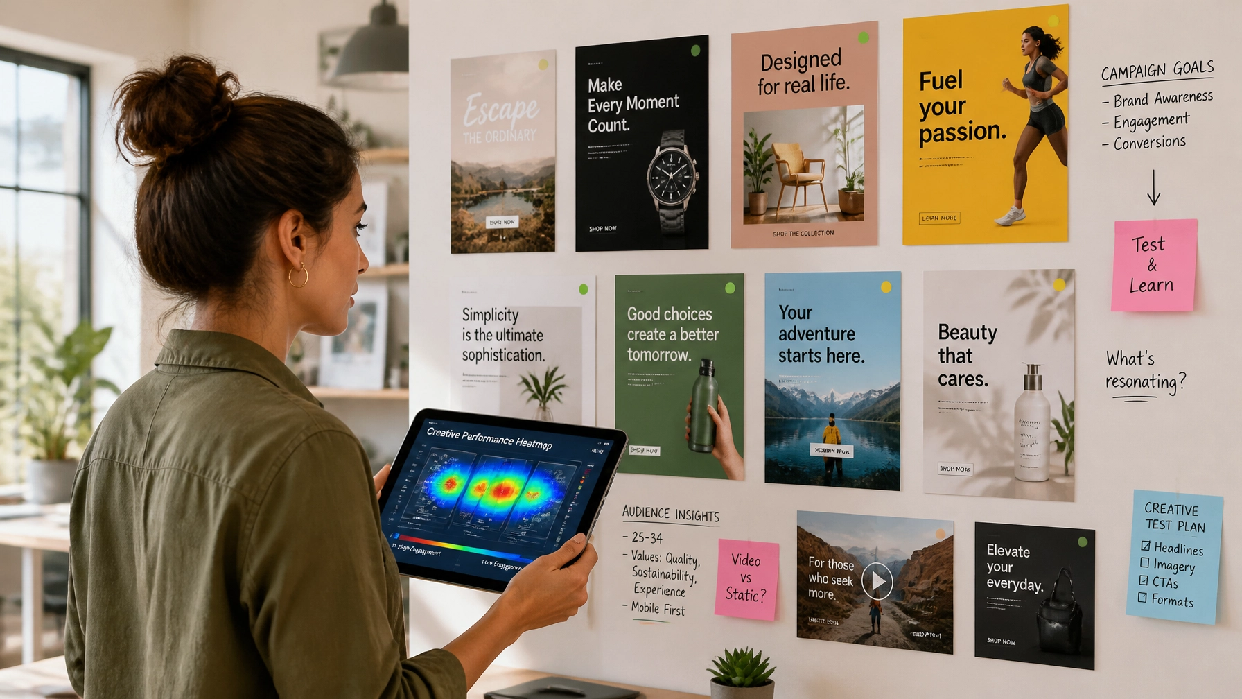 A marketer in a bright design studio looking at a wall of diverse ad creative variations and heatmaps