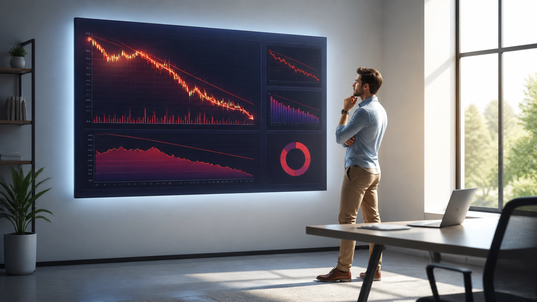 Man analyzing declining digital advertising performance metrics on a large screen, illustrating creative decay and the performance mirage.