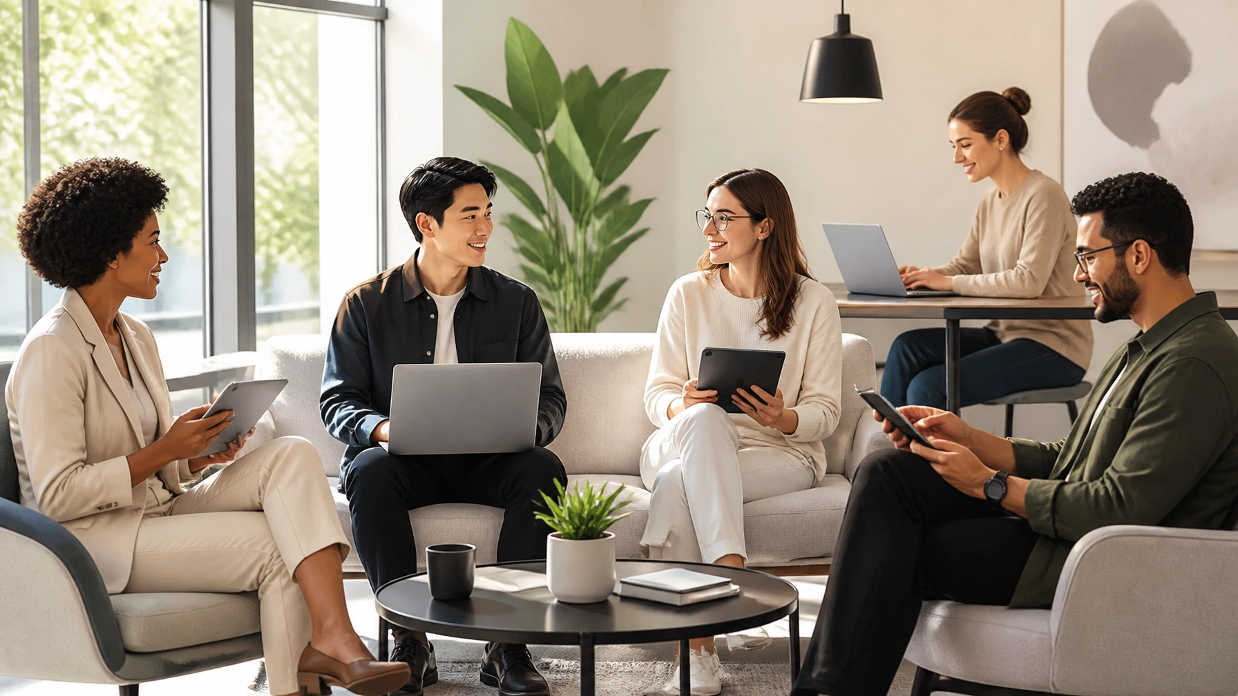 A diverse group of professional people sitting in a modern, sunlit collaborative workspace. They are interacting naturally with various high-end tech products, looking satisfied and like they belong to a shared community. The style is clean, modern cartoon realism.