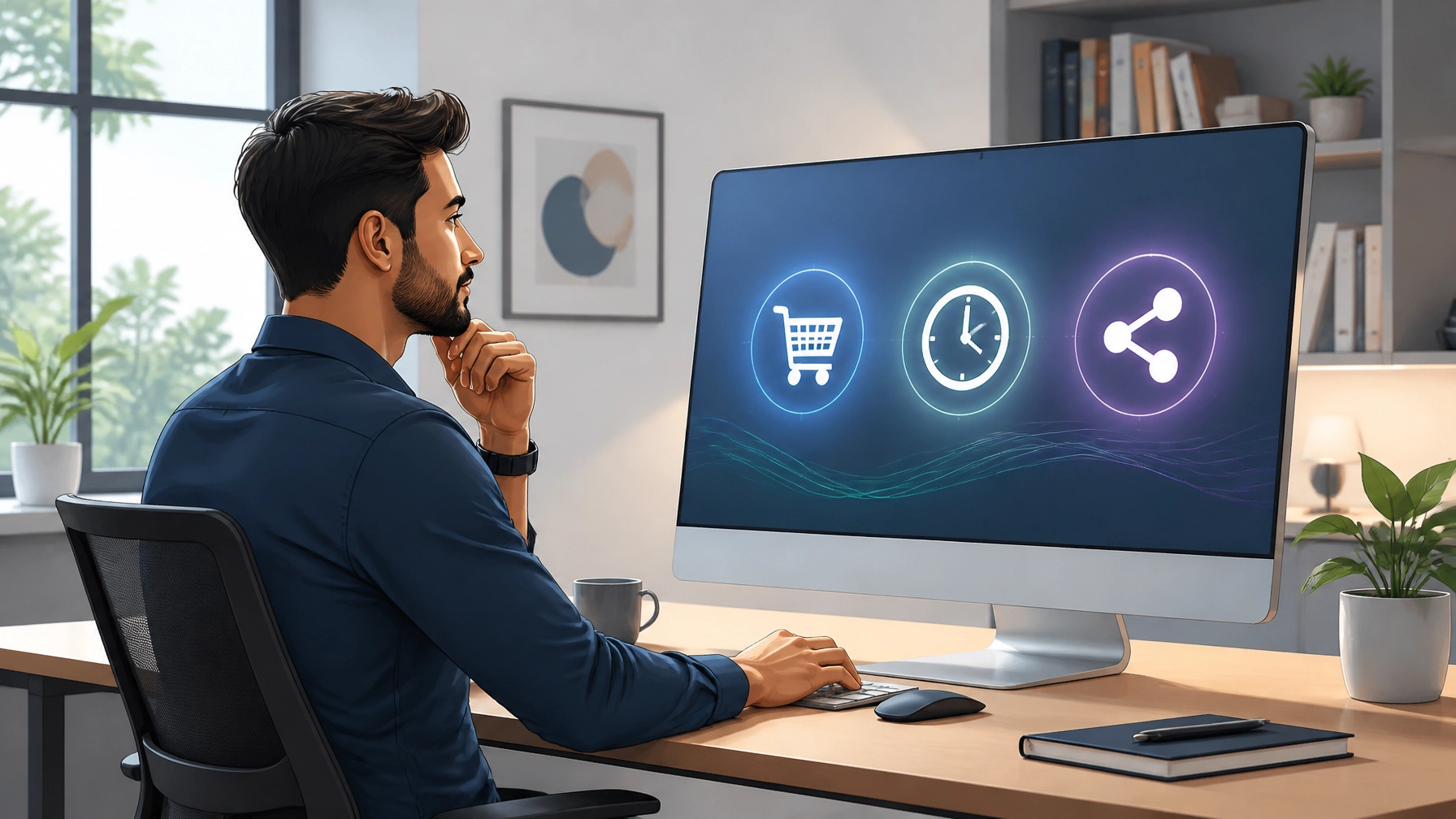 A digital marketer analyzing behavioral icons on a screen
